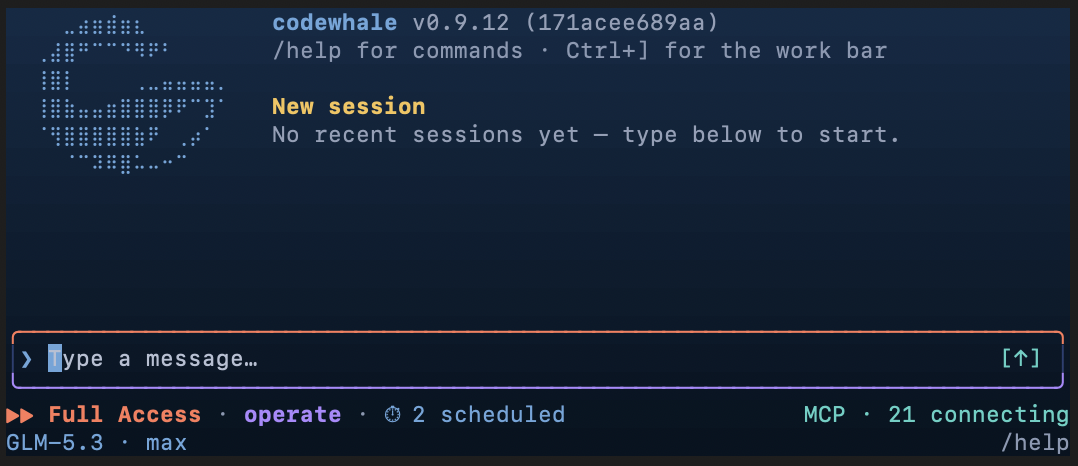 Codewhale v0.9.12 terminal, build 171acee689aa: a new session with the whale mark, message composer, Full Access and Operate mode, two scheduled tasks, 21 MCP servers connecting, and GLM-5.3 at max effort.